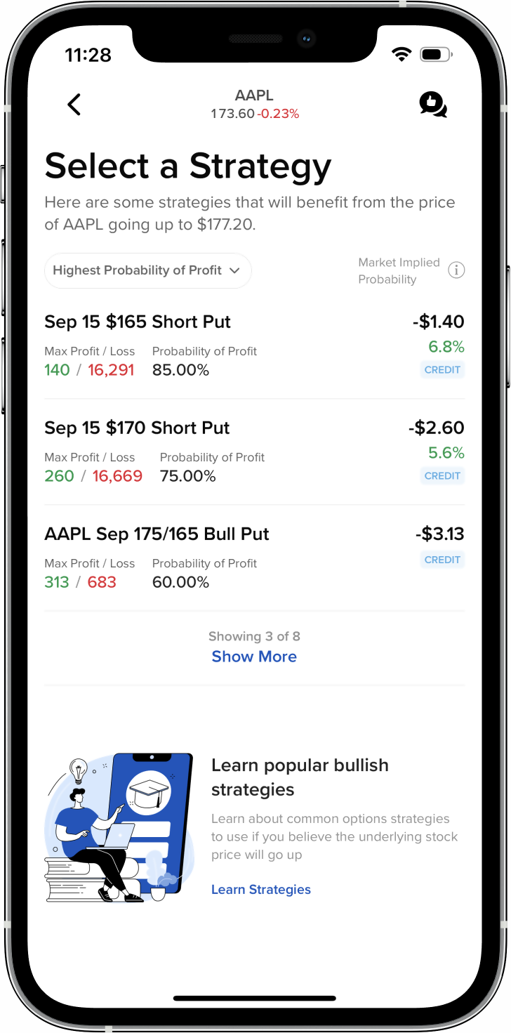 Option Wizard interface on listing potential strategies